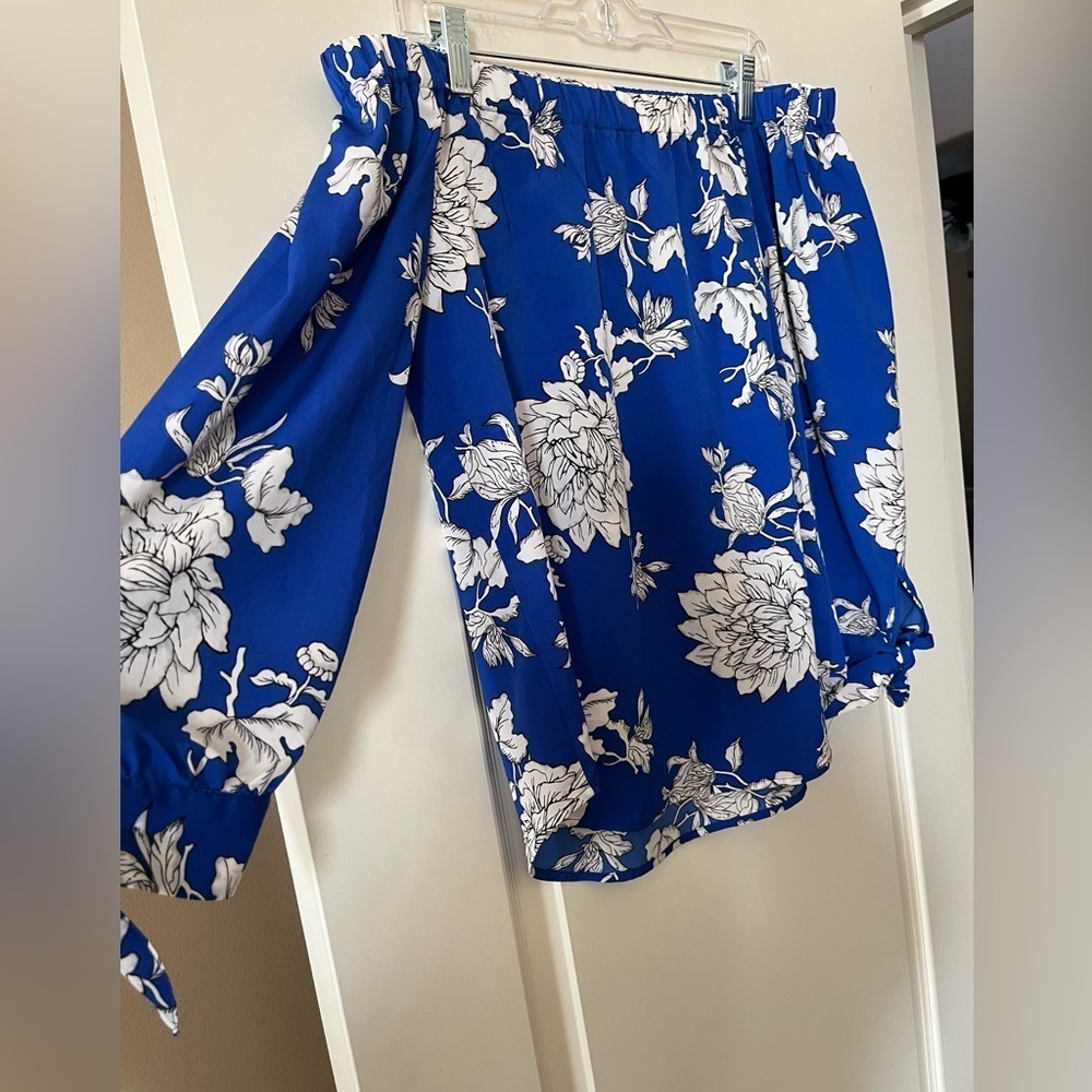 Dalia Designer Royal Blue Floral Print Off the Shoulder Women’s Size Small - Picture 2 of 14